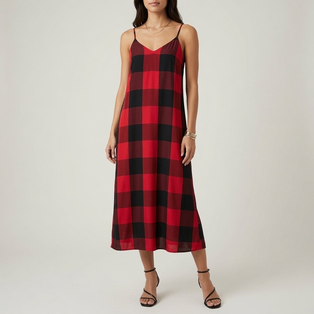 Old Navy Slip Dress Small Red Black Buffalo Plaid Midi Rustic Country Cowgirl